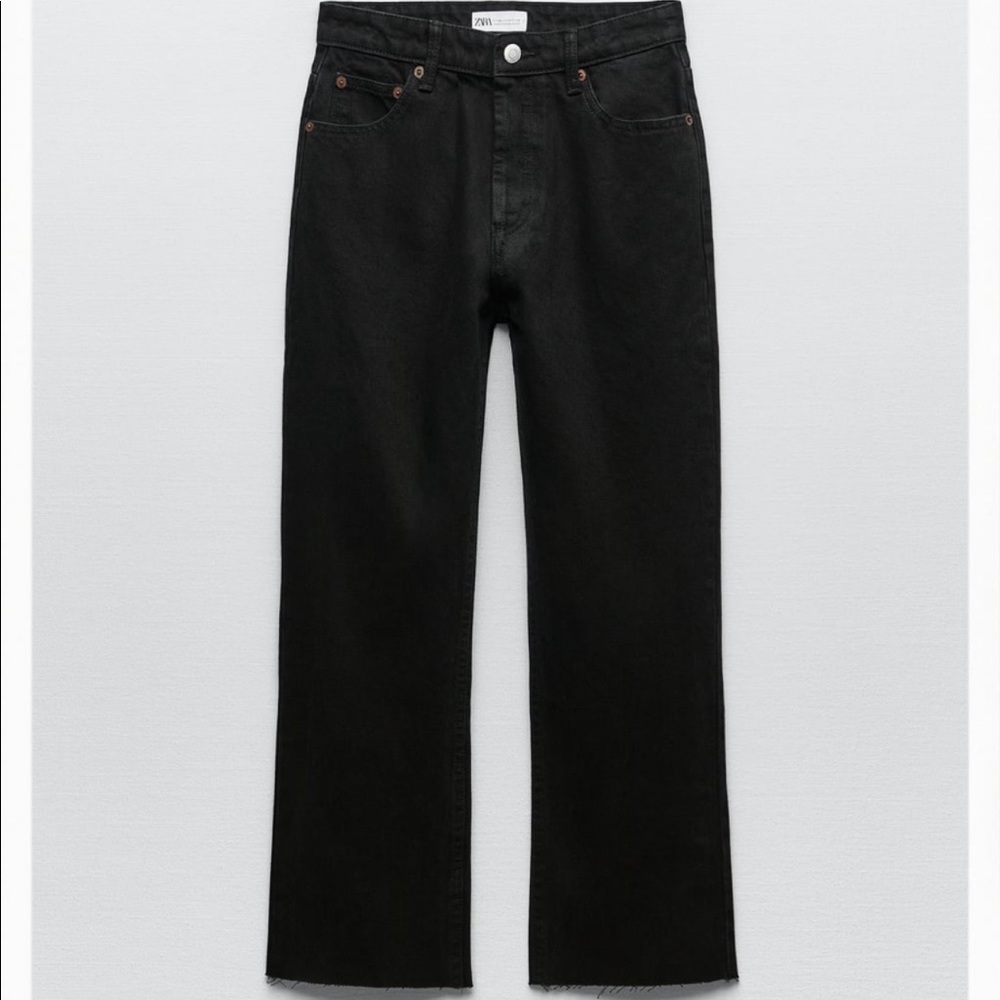 Straight leg Black Jeans, BNWT,  raw edge bottom, button fly, dark wash.